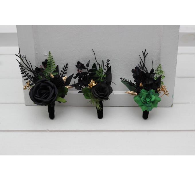Moody Forest Green, Black & Gold Gothic Wedding Boutonnieres