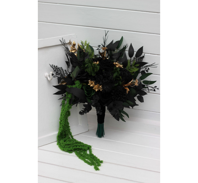 Moody Forest Green and Black Gold Bridal Bouquet for Gothic or Halloween Weddings