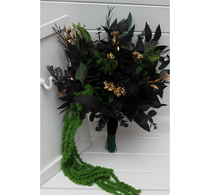 Moody Forest Green and Black Gold Bridal Bouquet for Gothic or Halloween Weddings