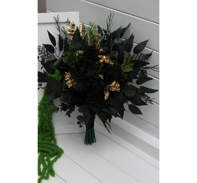 Moody Forest Green and Black Gold Bridal Bouquet for Gothic or Halloween Weddings