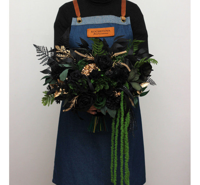 Moody Forest Green and Black Gold Bridal Bouquet for Gothic or Halloween Weddings