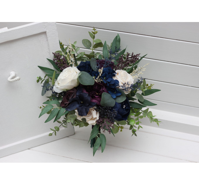 Plum, Ivory & Navy Blue Cascading Bridal and Bridesmaid Bouquets