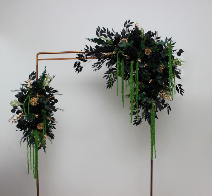 Moody Forest Green, Black & Gold Arch Flowers with Cascading Amaranthus