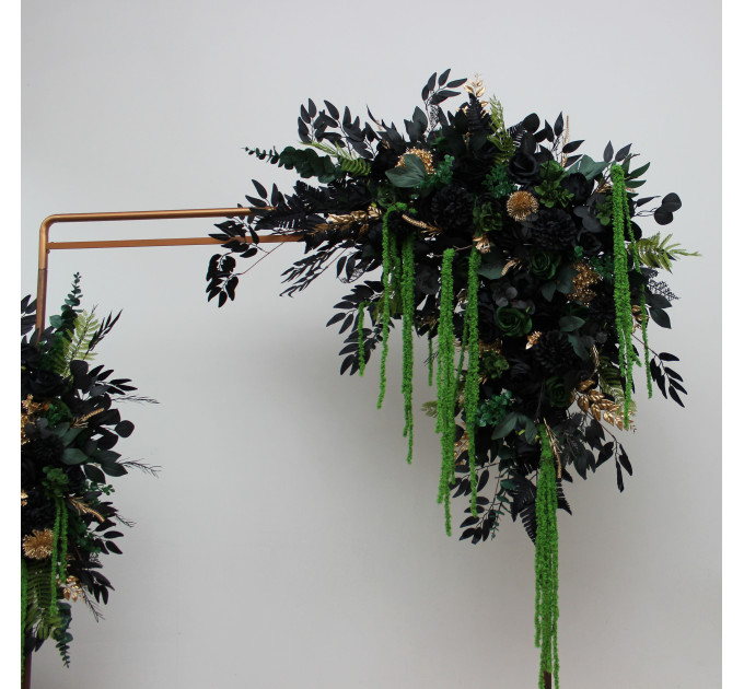 Moody Forest Green, Black & Gold Arch Flowers with Cascading Amaranthus