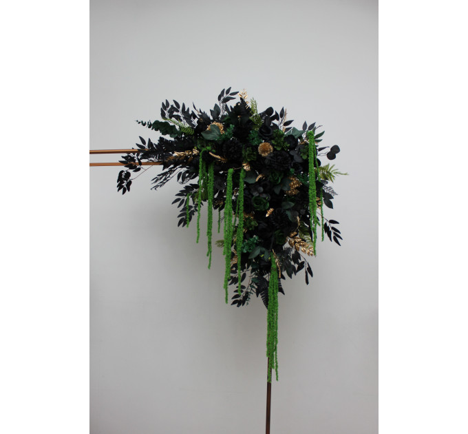 Moody Forest Green, Black & Gold Arch Flowers with Cascading Amaranthus