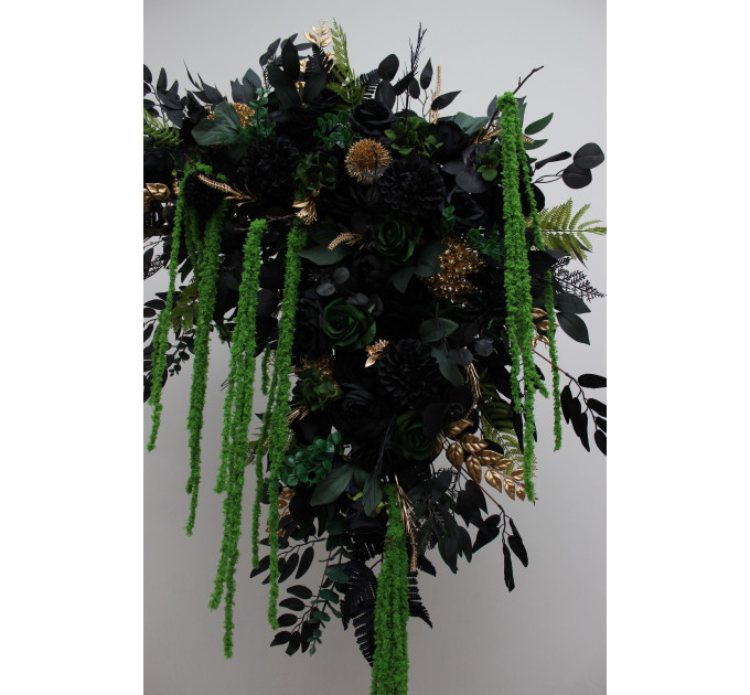 Moody Forest Green, Black & Gold Arch Flowers with Cascading Amaranthus
