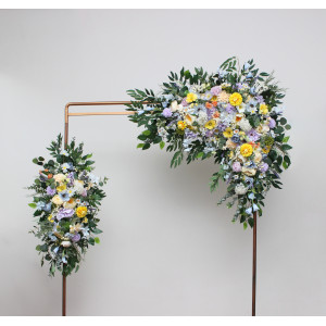 Yellow ivory dusty blue lavender arch flowers. Wildflowers arrangement. 5446