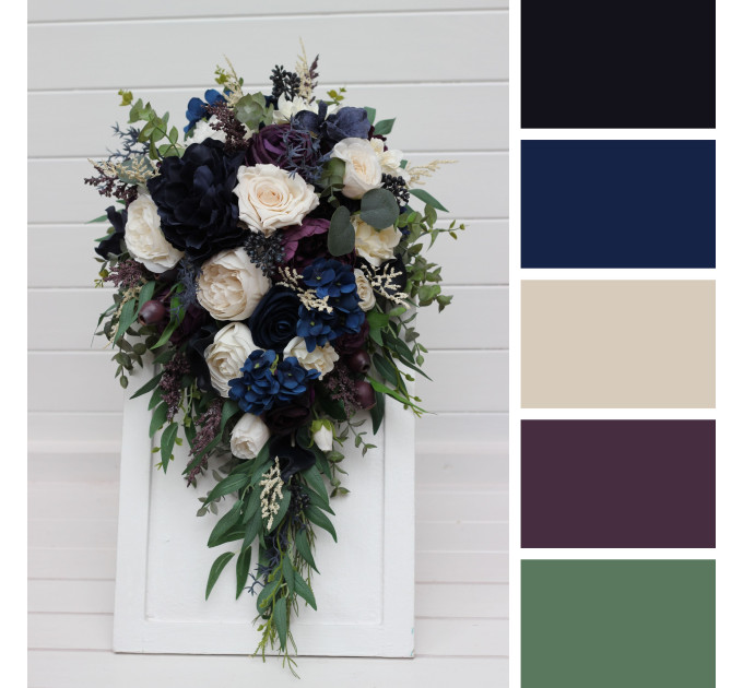 Plum, Ivory & Navy Blue Cascading Bridal and Bridesmaid Bouquets
