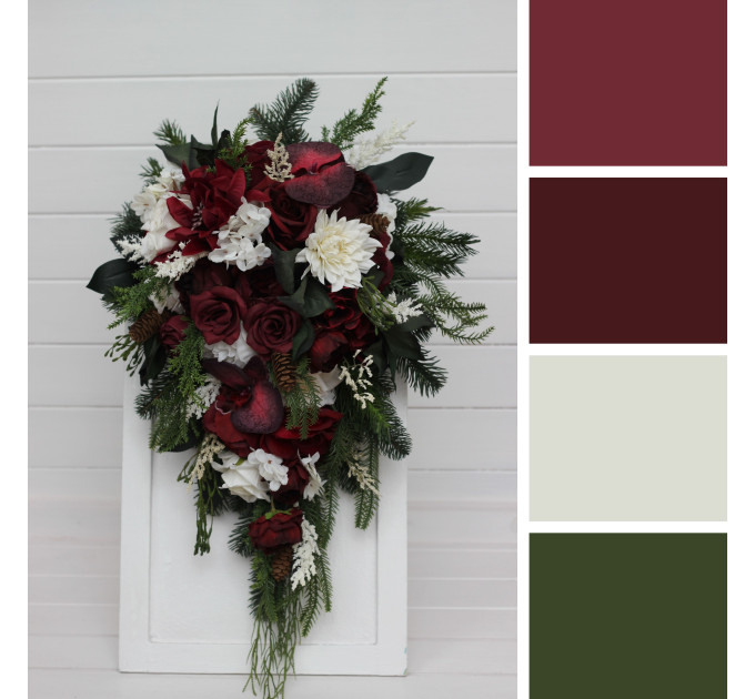 Winter Cascading Bouquet with Burgundy, Ivory Flowers and Pine