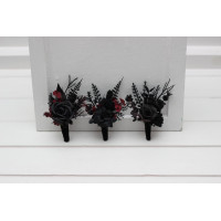 Burgundy & Black Wedding Boutonnieres. 5451