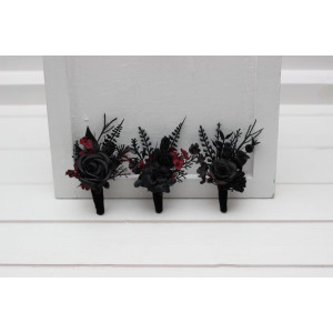 Burgundy & Black Wedding Boutonnieres. 5451