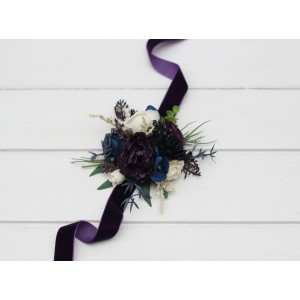 Wrist Corsage Plum, Ivory & Navy Blue. 5450