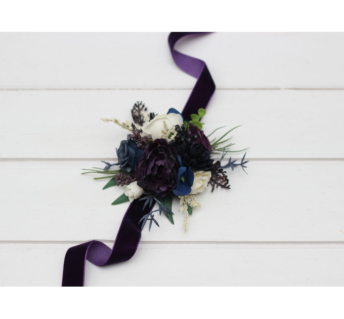 Plum, Ivory & Navy Blue Wedding Wrist Corsage