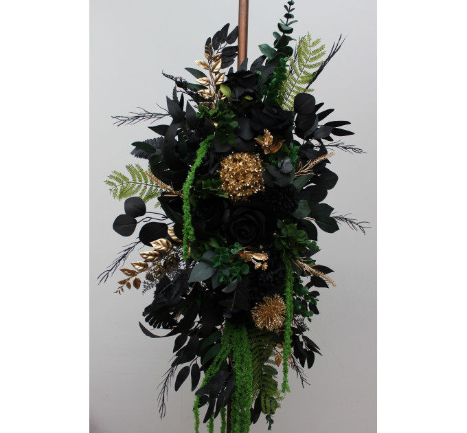 Moody Forest Green, Black & Gold Arch Flowers with Cascading Amaranthus