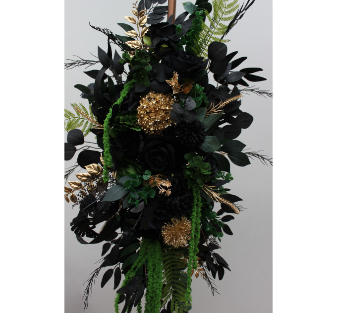 Moody Forest Green, Black & Gold Arch Flowers with Cascading Amaranthus