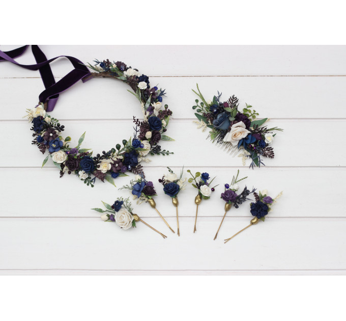 Plum, Ivory & Navy Blue Wedding Flower Crown
