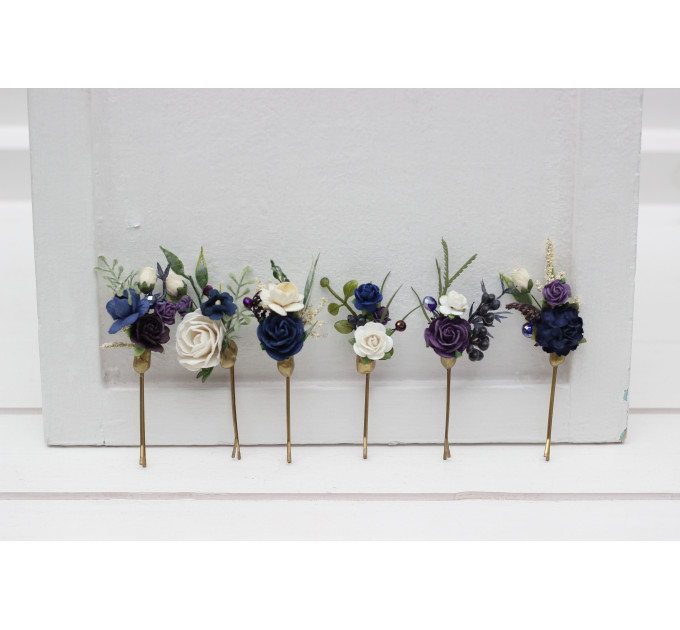 Set of 6 Bobby Pins in Plum, Ivory & Navy Blue