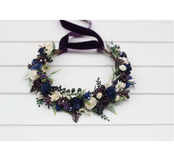 Plum, Ivory & Navy Blue Wedding Flower Crown
