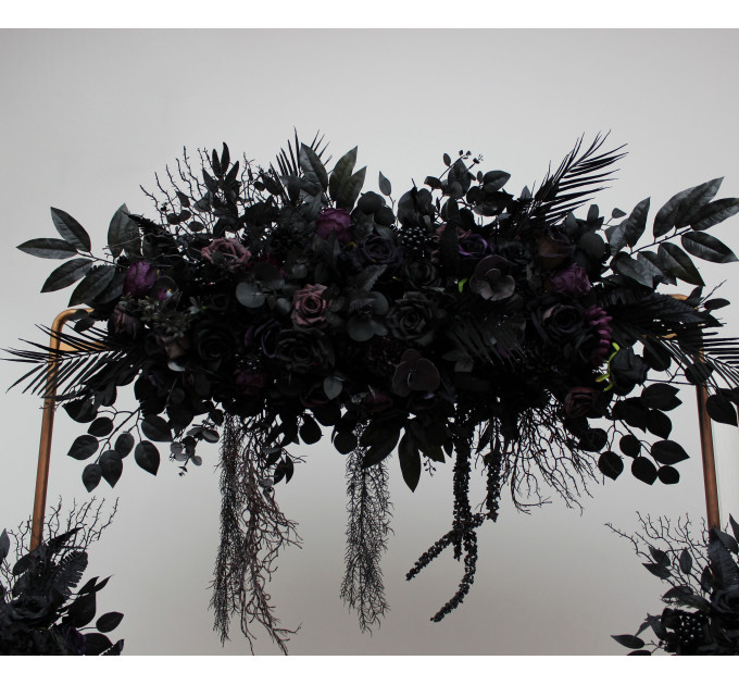 Halloween Wedding Flower Arch Arrangement in Black & Deep Purple | Faux Floral Archway for Gothic Wedding
