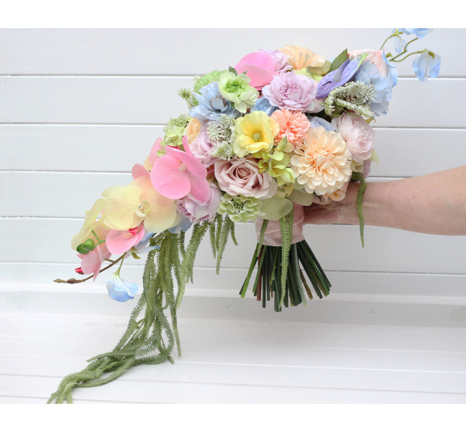Pastel Cascading Wedding Bouquet with Flowing Amaranth
