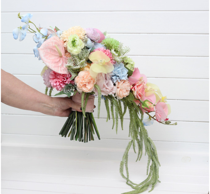 Pastel Cascading Wedding Bouquet with Flowing Amaranth