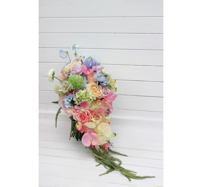 Pastel Cascading Wedding Bouquet with Flowing Amaranth