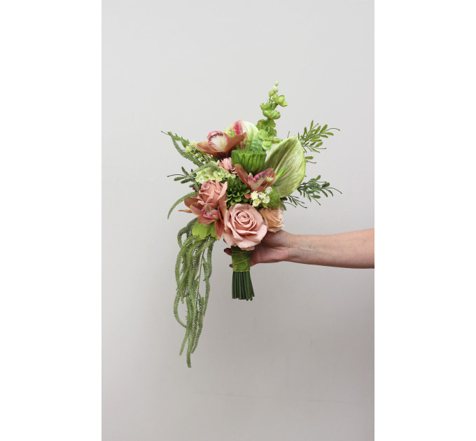 Modern Asymmetrical Bridal Bouquet in Dusty Rose and Sage Green