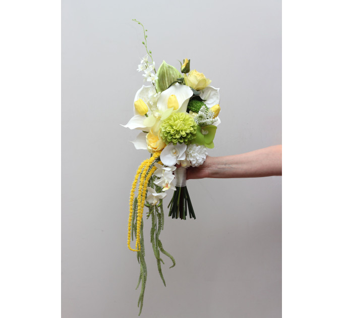 Romantic Bridal Bouquet in White and Yellow with Cascading Amaranth