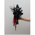 Asymmetrical black wedding bouquet with burgundy amaranth