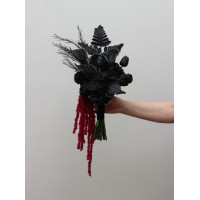 Asymmetrical Black Bouquet with Cascading Burgundy Amaranth. 5456