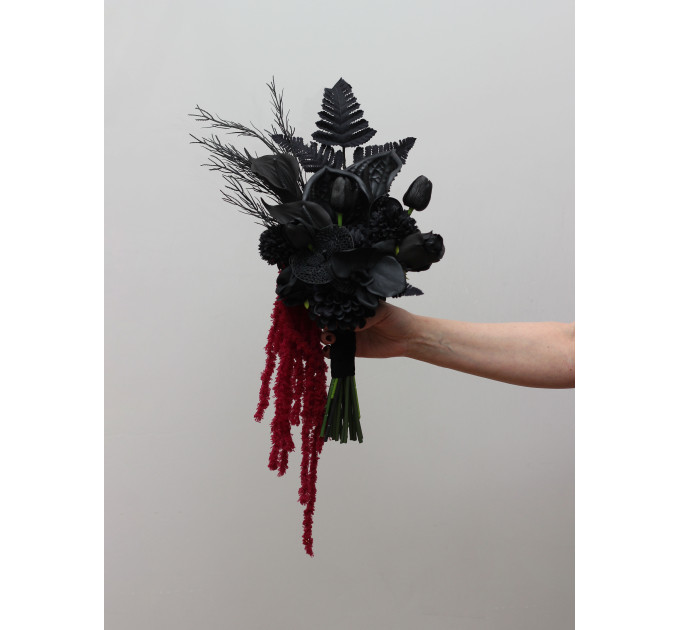 Asymmetrical black wedding bouquet with burgundy amaranth
