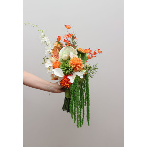 Asymmetrical White Green Orange Bridal Bouquet. 5459