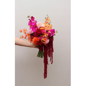 Alternative Asymmetrical Wedding Bouquet in Orange, Magenta, Pink & Red. 5457