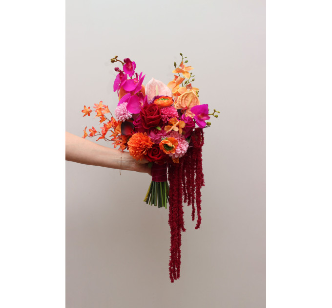 Alternative Diagonal Bridal Bouquet in Orange, Magenta and Pink, Red