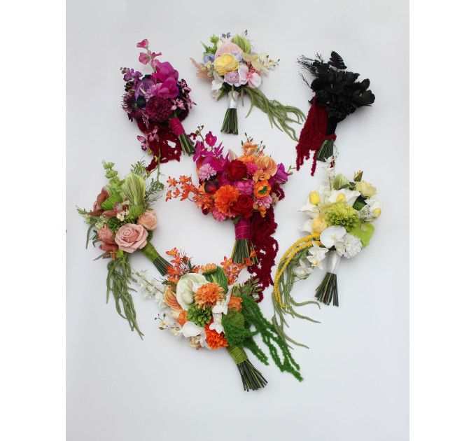 Asymmetrical bridal bouquet in white, green and orange with amaranth