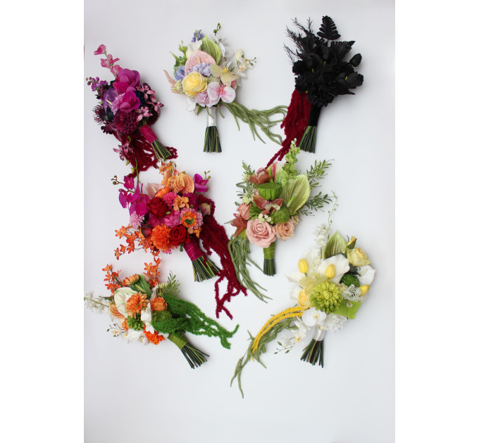 Asymmetrical black wedding bouquet with burgundy amaranth