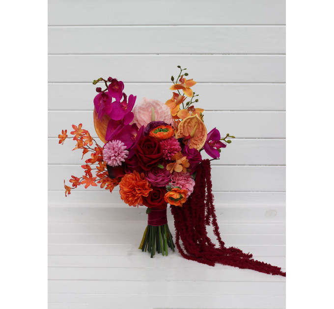 Alternative Diagonal Bridal Bouquet in Orange, Magenta and Pink, Red