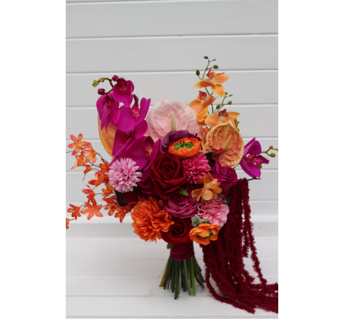 Alternative Diagonal Bridal Bouquet in Orange, Magenta and Pink, Red