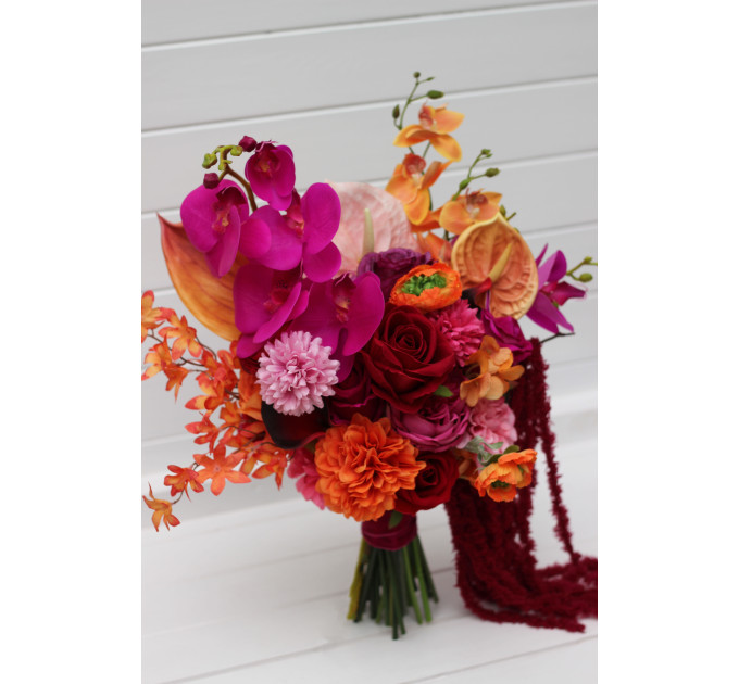 Alternative Diagonal Bridal Bouquet in Orange, Magenta and Pink, Red