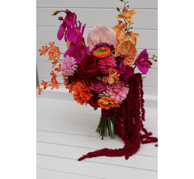 Alternative Diagonal Bridal Bouquet in Orange, Magenta and Pink, Red