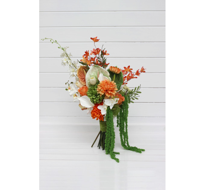 Asymmetrical bridal bouquet in white, green and orange with amaranth