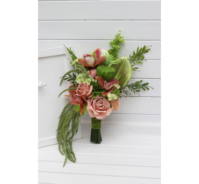 Modern Asymmetrical Bridal Bouquet in Dusty Rose and Sage Green