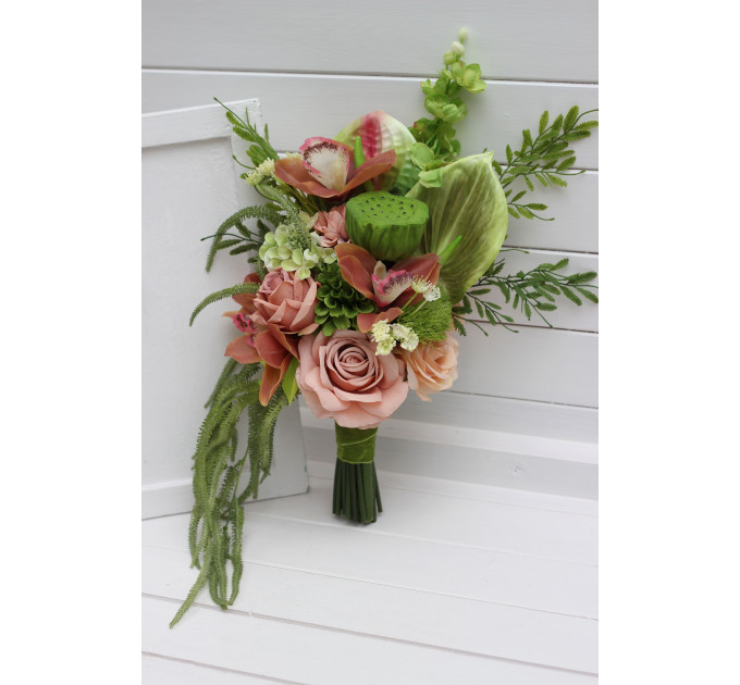 Modern Asymmetrical Bridal Bouquet in Dusty Rose and Sage Green