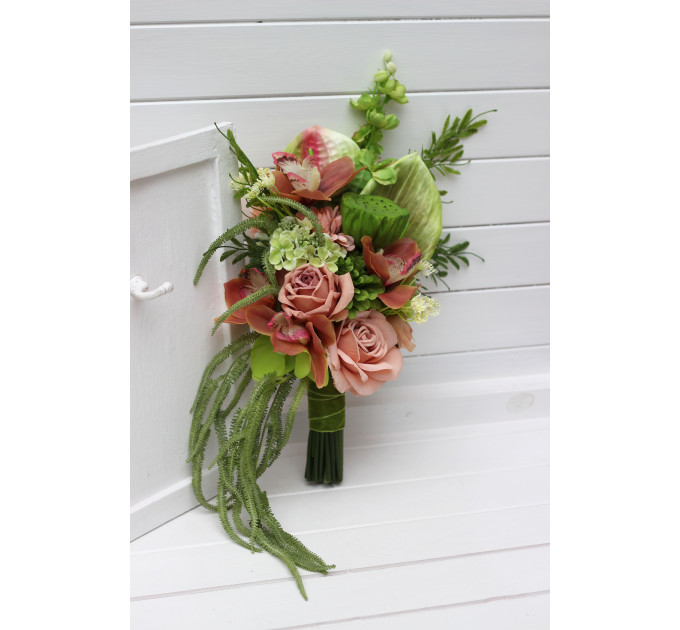 Modern Asymmetrical Bridal Bouquet in Dusty Rose and Sage Green