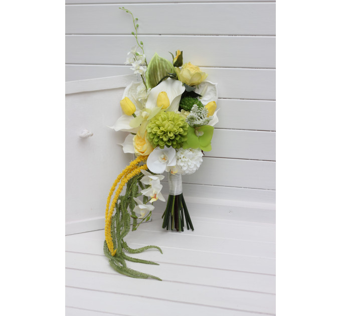 Romantic Bridal Bouquet in White and Yellow with Cascading Amaranth