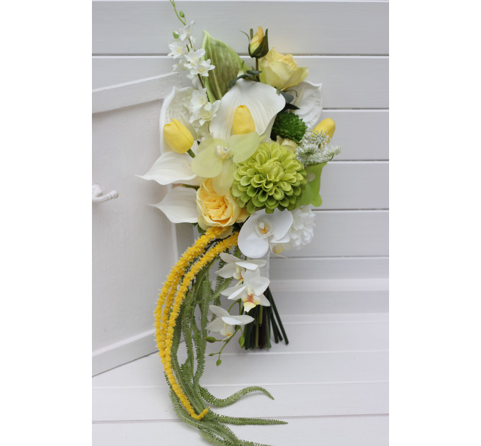 Romantic Bridal Bouquet in White and Yellow with Cascading Amaranth