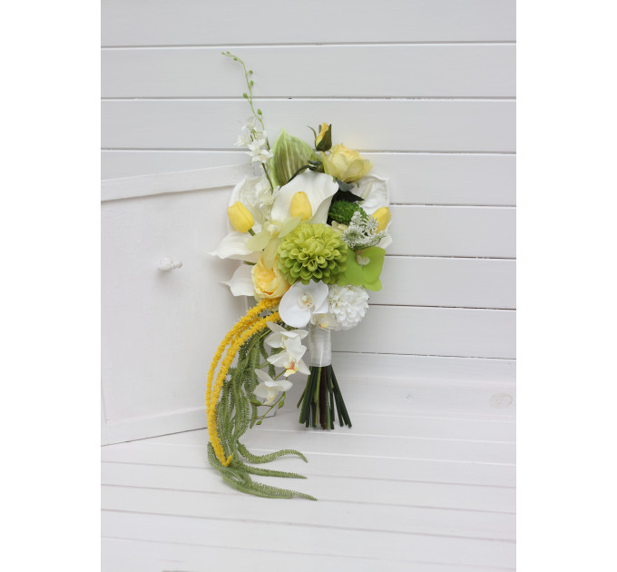 Romantic Bridal Bouquet in White and Yellow with Cascading Amaranth