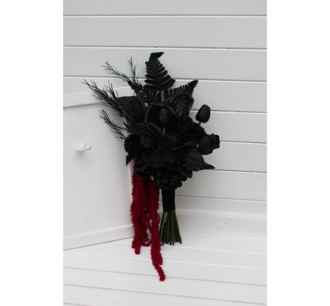Asymmetrical black wedding bouquet with burgundy amaranth