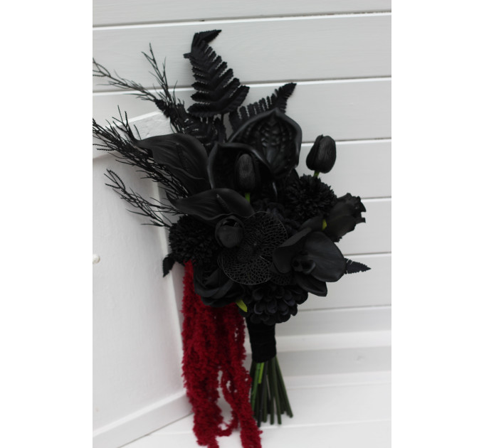 Asymmetrical black wedding bouquet with burgundy amaranth