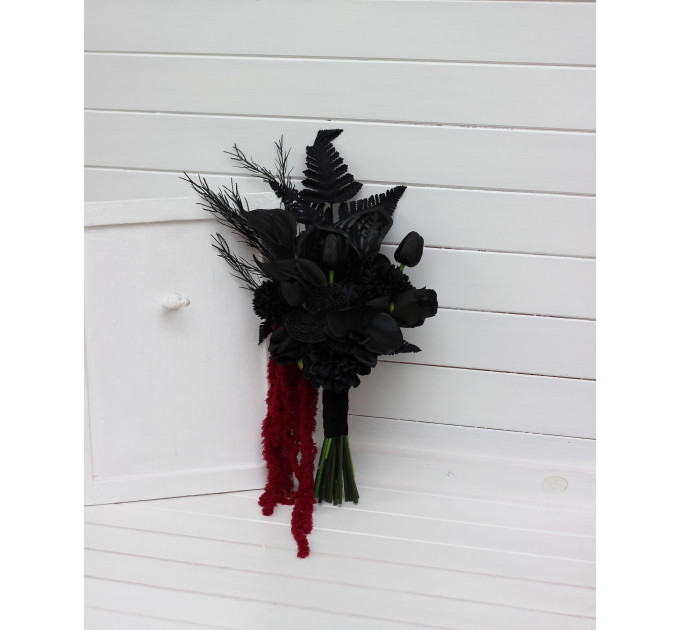 Asymmetrical black wedding bouquet with burgundy amaranth